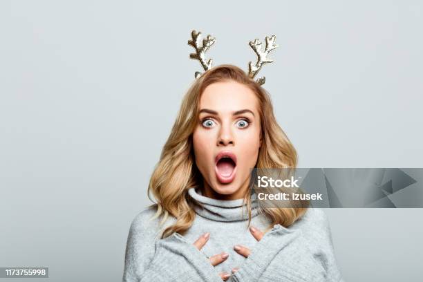 Christmas Portrait Of Surprised Beautiful Woman Close Up Of Face Stock Photo Stock Photo - Download Image Now
