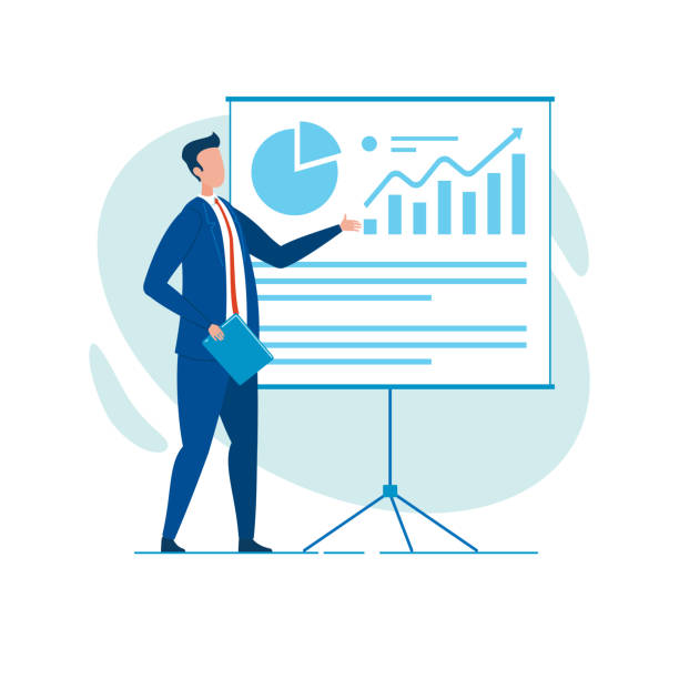 Businessman, Reporting with Diagrams and Charts Office Worker in Blue Smart Suit, Presenting Current State of Affairs Report, Containing Pie Diagrams and Column Graphs, Explaining Points at Issue, Clarifying Them and Illustrating by Examples explaining stock illustrations