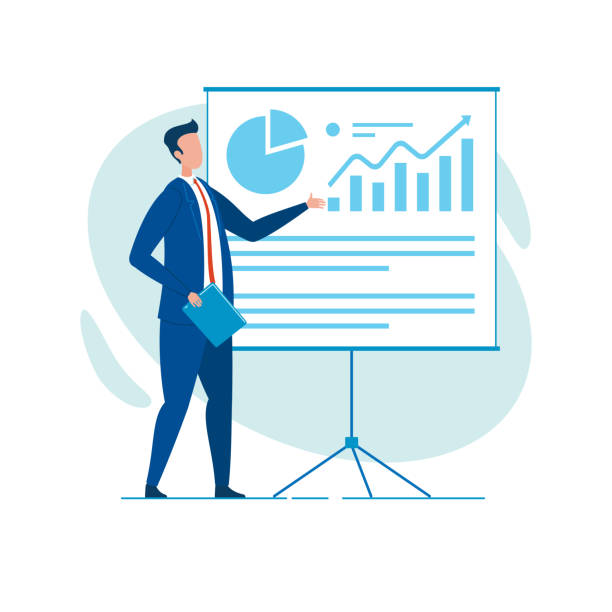 Businessman, Reporting with Diagrams and Charts Office Worker in Blue Smart Suit, Presenting Current State of Affairs Report, Containing Pie Diagrams and Column Graphs, Explaining Points at Issue, Clarifying Them and Illustrating by Examples man presentation stock illustrations