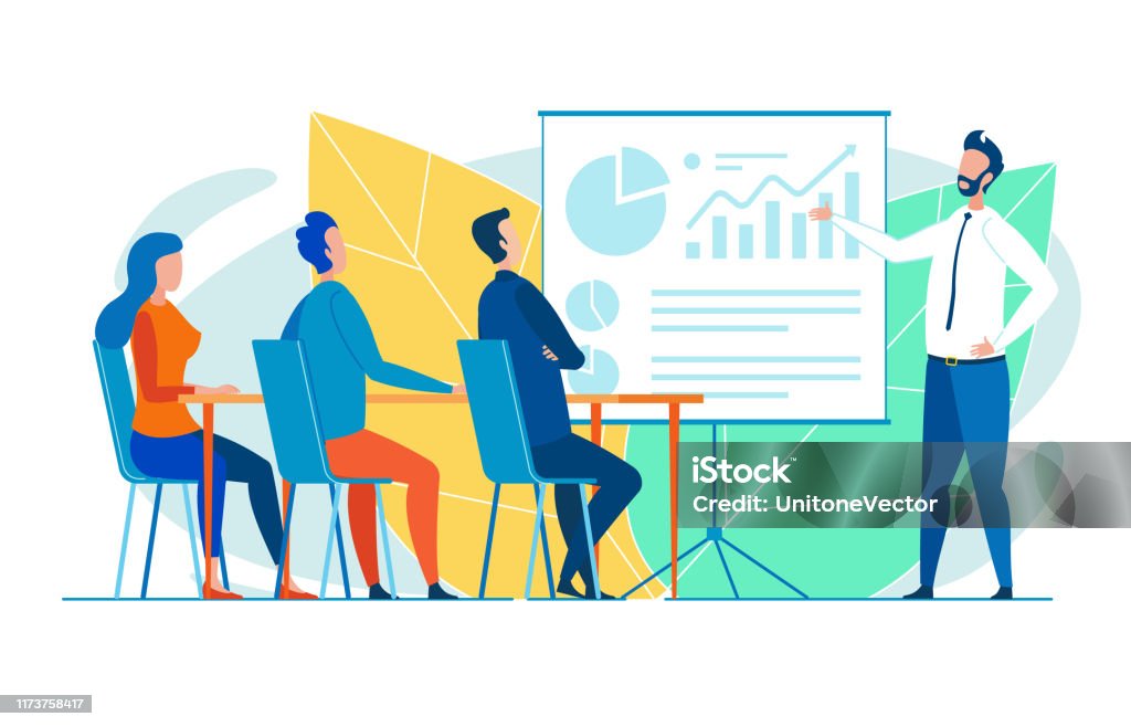 Office Worker Conducting Seminar to New Trainees Prospective Experienced Office Supervisor, Responsible for Support of Trainees, Giving Presentation Within Business Seminar, Using Pie Diagrams and Column Charts to Illustrate Theoretical Points Presentation - Speech stock vector