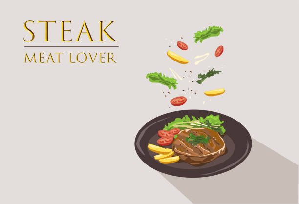 illustrations, cliparts, dessins animés et icônes de steak de boeuf avec des pommes de terre frites et légumes sur le vecteur d'assiette. - white tomato backgrounds vegetable