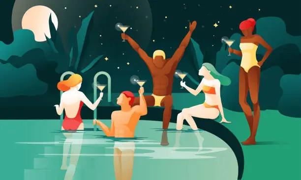 Vector illustration of Night Party at Pool Cartoon People Drink Cocktails