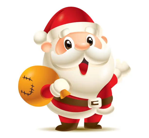 Vector illustration of Cartoon cute Santa Claus mascot carrying Christmas gift bag waiving hand isolated. - Vector character illustration