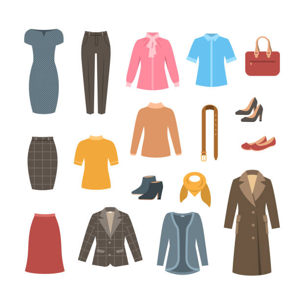 business frau grundkleidung und schuhe sammlung - blusen stock-grafiken, -clipart, -cartoons und -symbole