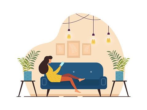 Informational Banner Waiting with Phone Cartoon. Emotional and Physical Exhaustion, Fatigue from Communication. Girl Lying on Couch at Home and Talking in Smartphone. Vector Illustration.