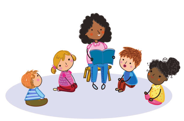 ilustraciones, imágenes clip art, dibujos animados e iconos de stock de ilustración de la lectura de profesor lindo para los niños - preschool teacher