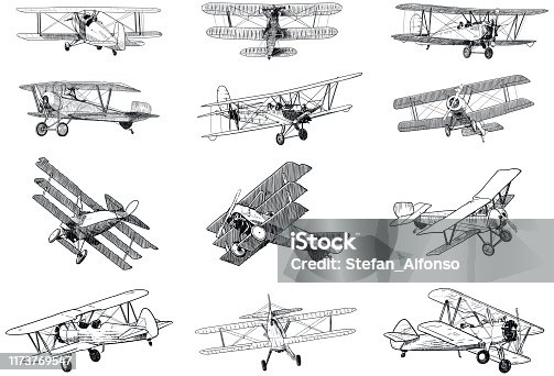 istock Set of drawings of old planes on white background. Traditional style vector illustrations of vintage aircraft 1173769547