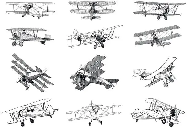 Vector illustration of Set of drawings of old planes on white background. Traditional style vector illustrations of vintage aircraft