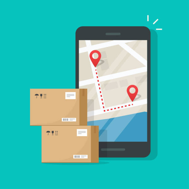 istock Parcel delivery tracking on cellphone or mobile phone vector, flat cartoon smartphone telephone with city map on screen and pin pointers destination location with packaging boxes, shipping logistic 1173770446