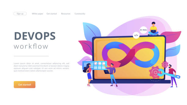 DevOps team concept landing page Programmers working on project. Website development methodology. Technical support. DevOps team, software development team, DevOps workflow concept. Website homepage landing web page template. flowchart symbols programming stock illustrations