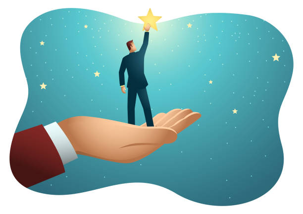 illustrazioni stock, clip art, cartoni animati e icone di tendenza di mano gigante che aiuta un uomo d'affari a raggiungere le stelle - reach for the stars