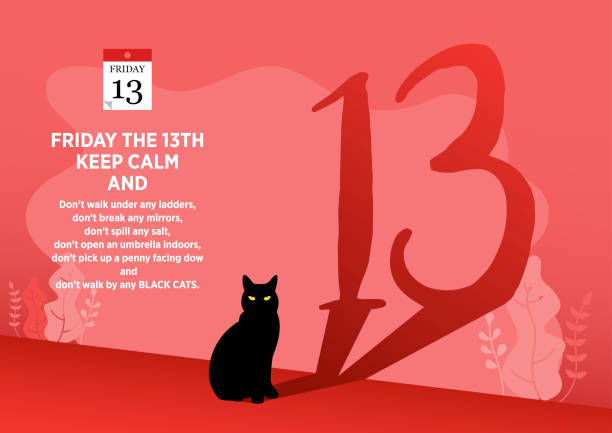 Friday the 13th, vector illustration Illustration of a black cat with its reflection resembling number 13 on a mysterious red background cartoon of the friday 13th stock illustrations