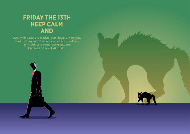 Friday the 13th, vector illustration Illustration of a black cat with its scary giant shadow on a mysterious yellow and green background cartoon of the friday 13th stock illustrations