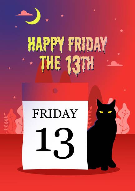 Friday the 13th, vector illustration Illustration of a black cat next to a calendar date 13 on a mysterious red background cartoon of the friday 13th stock illustrations