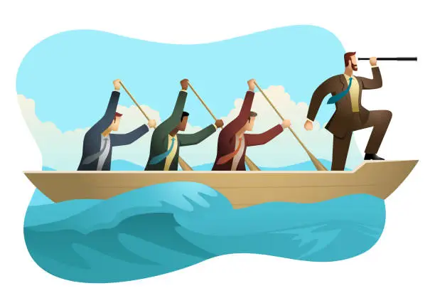 Vector illustration of Businessmen rowing a boat on unfriendly water