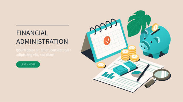 finance Office Desk with Piggy Bank, Money and Business Documents. Auditors Workplace. Calculating Payment, Salary or Taxes. Financial Administration Concept. Flat Isometric Vector Illustration. tax stock illustrations