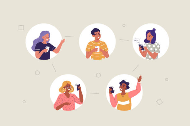 mobile communication People Characters using Mobile App for Dating and Communication. Woman and man chatting on smartphones. Friends Talking and Laughing together. Social Media Concept. Flat Cartoon Vector Illustration. phone speak stock illustrations