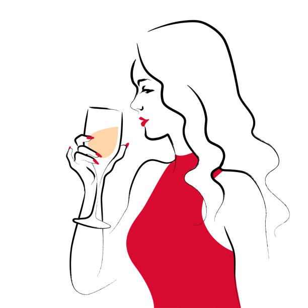 stockillustraties, clipart, cartoons en iconen met vector hand getekende portret van jonge mooie dame in rode jurk met wijn glas geïsoleerd op witte achtergrond. - drinking wine