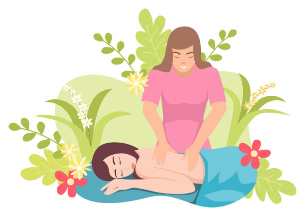ilustraciones, imágenes clip art, dibujos animados e iconos de stock de mujer siendo masaje - massage therapist illustrations