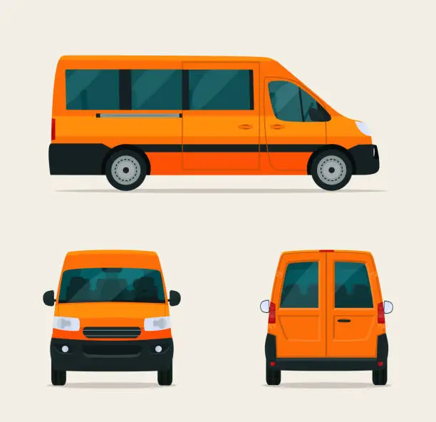 Vector illustration of Passenger minivan isolated. Van with side view, back view and front view. Vector flat style illustration.