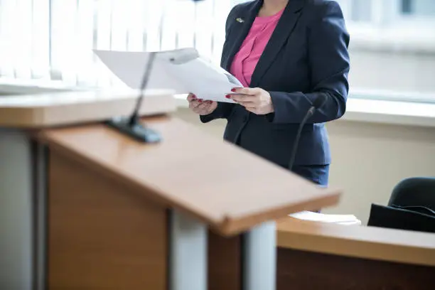 lawyer speaks before a Russian court in defense of the accused