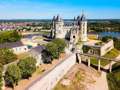 Chateau de Saumur castle aerial panoramic view in Saumur city, Loire valler in France