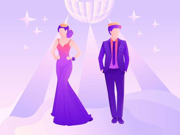 Young and beautiful prom king and queen under the disco-ball. Young and beautiful prom king and queen under the disco-ball light vector illustration for web and printing. prom stock illustrations