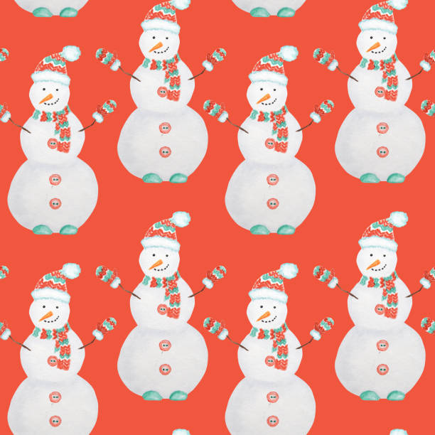 istock Seamless pattern New Year Christmas Snowman isolated on red background. Hand drawn vintage card, fabric paper texture design. Watercolor Winter nature illustration 1173789067