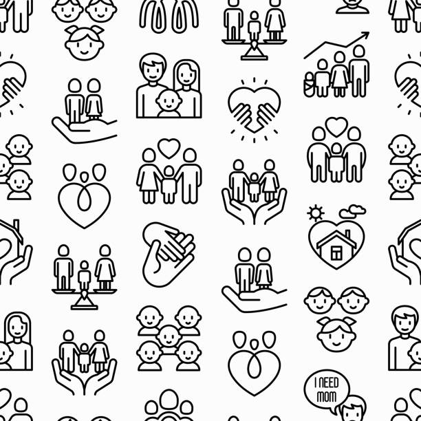 Child adoption seamless pattern with thin line icons: adoptive parents, helping hand, orphan, home care, LGBT couple with child, custody, caregivers, happy kid. Modern vector illustration. Child adoption seamless pattern with thin line icons: adoptive parents, helping hand, orphan, home care, LGBT couple with child, custody, caregivers, happy kid. Modern vector illustration. law patterns stock illustrations