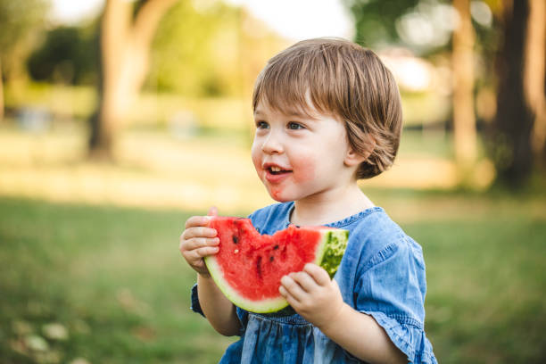 istock Child eating watermelon in public park 1173789522