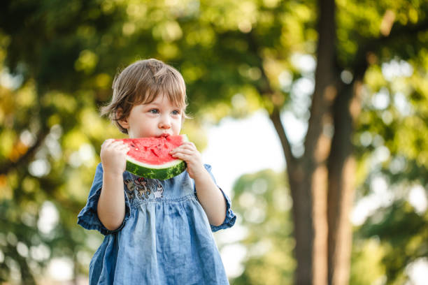 istock Child eating watermelon in public park 1173789593