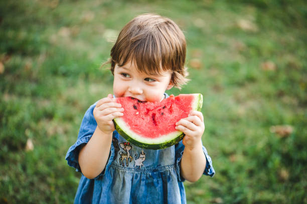 istock Child eating watermelon in public park 1173790783