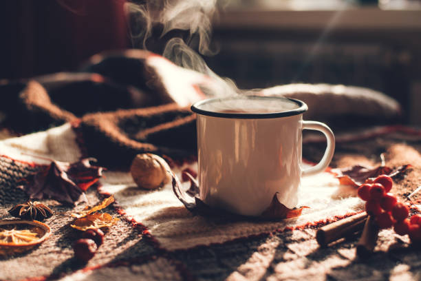 istock Autumn hot steaming cup of coffee or tea. 1173791384