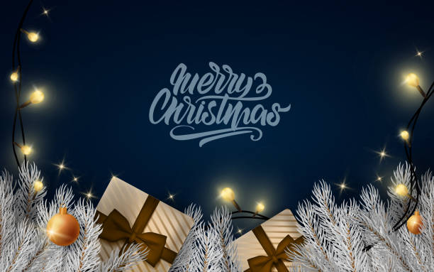 istock Merry Christmas banner with lettering text. Background Xmas design with gift, toys, present, white fur-tree and garland. New year lights realistic design elements. Poster, greeting cards, headers 1173792507