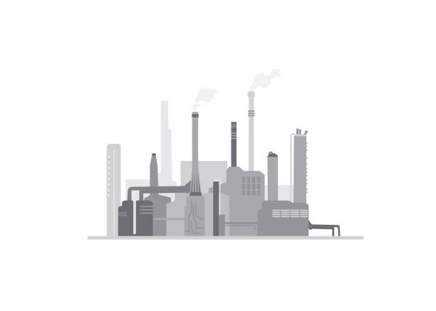 2D vector illustration template with industrial facility buildings and chimneys. vector art illustration