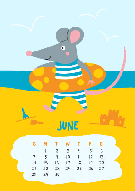 juni. vektor-kalender-seite mit niedlichen ratte am strand - chinesisches symbol von 2020 - june calendar page personal organizer stock-grafiken, -clipart, -cartoons und -symbole