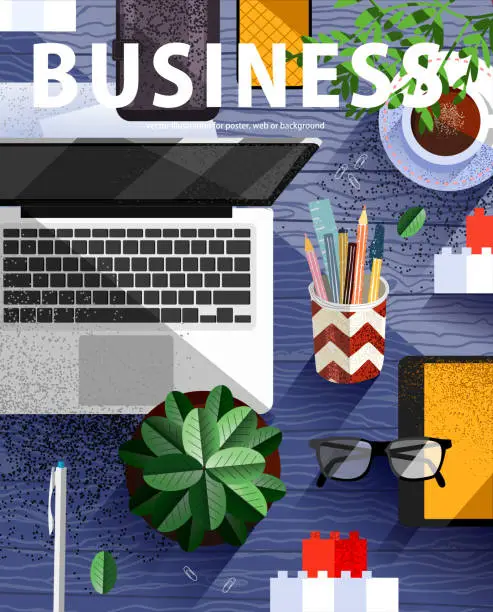 Vector illustration of Business desk. Vector abstract flat illustration of the table top view with objects: laptop, glasses, wallet, phone. Background to create a modern poster, web or cover.