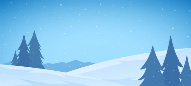 cartoon winter verschneite berge flache landschaft mit pinien und hügeln. weihnachtshintergrund - wintry landscape stock-grafiken, -clipart, -cartoons und -symbole