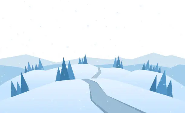 Vector illustration of Blue Winter cartoon Mountains landscape with pines, hills and road on foreground.