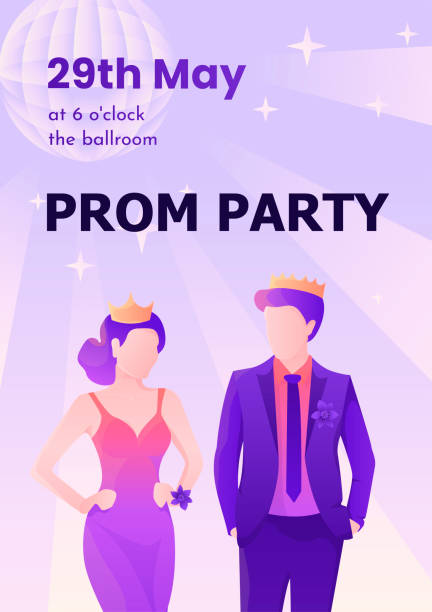 Young and beautiful prom king and queen colorful vector poster template. Young and beautiful prom king and queen colorful vector poster template for web and printing. prom stock illustrations
