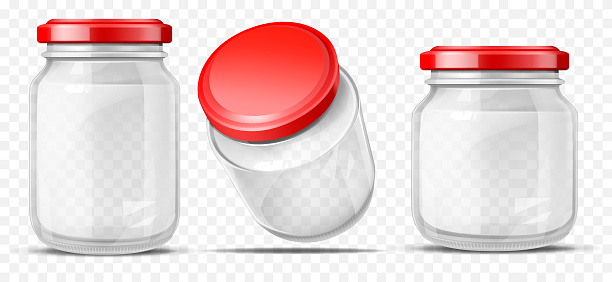 Empty, round, different volume glass jars sealed red screw cap for sauces, vegetable preservation side, top perspective view 3d realistic vector illustrations set isolated on transparent background