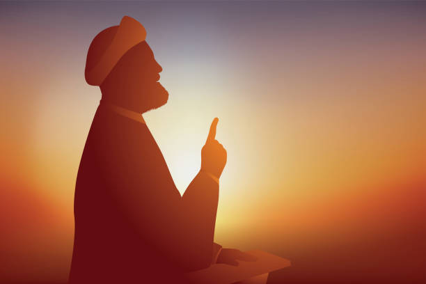 ilustrações de stock, clip art, desenhos animados e ícones de concept of prayer for muslims with an iranian imam who speaks to his followers. - sunni