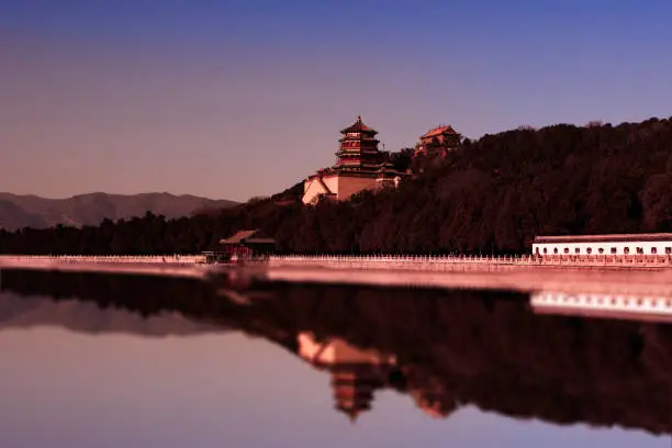 Beautiful Beijing summer palace in sunset twilight time with reflexion on lake.