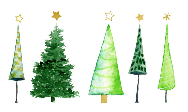 Christmas trees with golden stars, watercolor on paper Christmas trees with golden stars, watercolor on paper multiple christmas trees stock illustrations