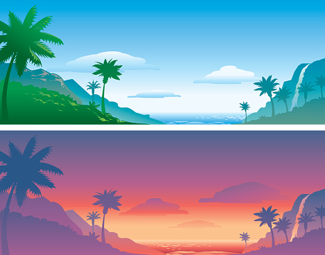 Vector illustrations of Hawaiian/tropical settings contrasting daytime and sunset.

Related images may be found in this lightbox:
[url=http://www.istockphoto.com/file_search.php?action=file&lightboxID=6055599] [img]http://i603.photobucket.com/albums/tt115/andersonanderson/Nature.jpg[/img] [/url]
