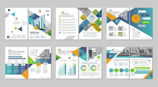 Brochure creative design. Multipurpose template, include cover, back and inside pages. Trendy minimalist flat geometric design. Vertical a4 format. magazine on table stock illustrations