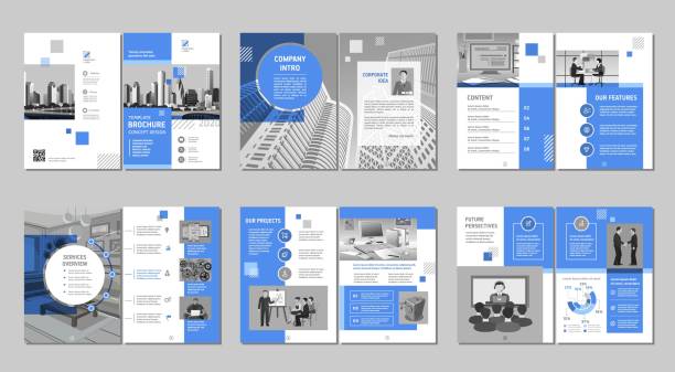 Brochure creative design. Multipurpose template, include cover, back and inside pages. Trendy minimalist flat geometric design. Vertical a4 format. minimal magazine layout stock illustrations
