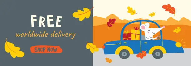 Vector illustration of Free delivery.Vector website banner with cute rat