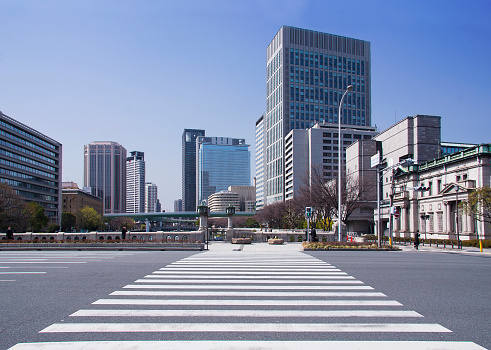 Empty street and pedestrian crossing  in the very center of Osaka (Japan) near the city hall.