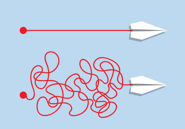 Concept of simplicity in the face of the complexity of reasoning. Opposition and comparison of a simple and direct mind in the face of a confused and complex mind with the concept of origami. role reversal stock illustrations